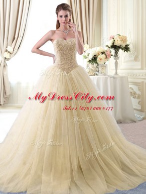 Gold Tulle Lace Up Quinceanera Dresses Sleeveless Floor Length Beading