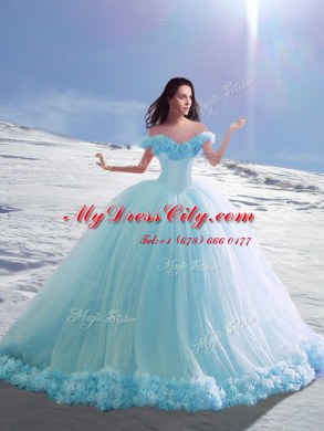 Wonderful Off the Shoulder Baby Blue Lace Up Quinceanera Dress Hand Made Flower Cap Sleeves Court Train