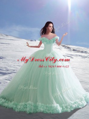Off the Shoulder Lace Up Quinceanera Dress Apple Green for Military Ball and Sweet 16 and Quinceanera with Hand Made Flower Court Train