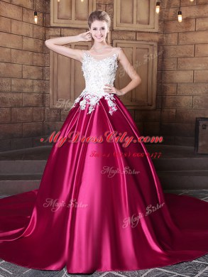 Fashion Scoop Hot Pink Elastic Woven Satin Lace Up Quinceanera Dresses Sleeveless Court Train Lace and Appliques