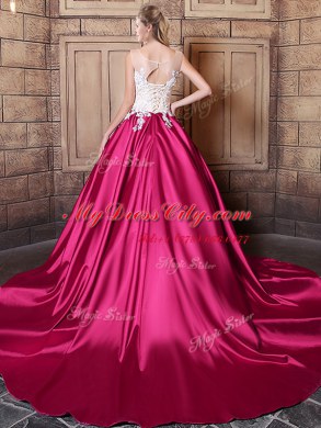 Fashion Scoop Hot Pink Elastic Woven Satin Lace Up Quinceanera Dresses Sleeveless Court Train Lace and Appliques
