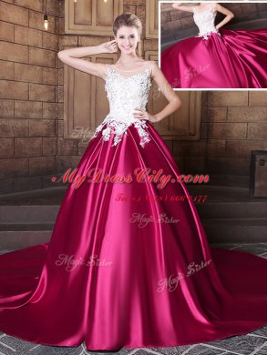 Fashion Scoop Hot Pink Elastic Woven Satin Lace Up Quinceanera Dresses Sleeveless Court Train Lace and Appliques