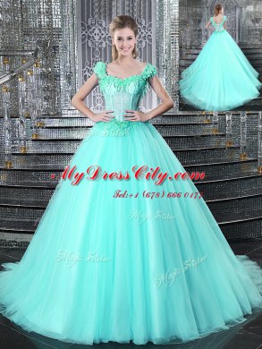 Elegant Straps Sleeveless Vestidos de Quinceanera With Brush Train Beading and Appliques Aqua Blue Tulle