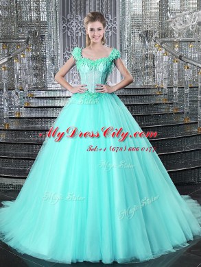 Elegant Straps Sleeveless Vestidos de Quinceanera With Brush Train Beading and Appliques Aqua Blue Tulle