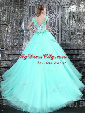 Elegant Straps Sleeveless Vestidos de Quinceanera With Brush Train Beading and Appliques Aqua Blue Tulle