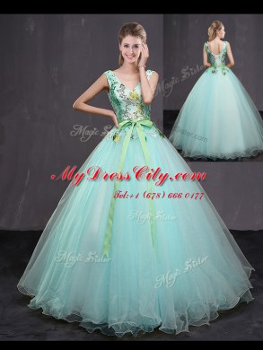 Sleeveless Lace Up Floor Length Appliques and Belt 15 Quinceanera Dress
