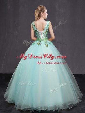 Sleeveless Lace Up Floor Length Appliques and Belt 15 Quinceanera Dress