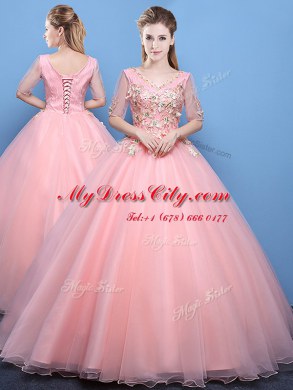 Baby Pink V-neck Lace Up Appliques Quince Ball Gowns Half Sleeves