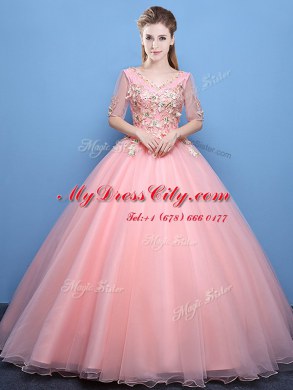 Baby Pink V-neck Lace Up Appliques Quince Ball Gowns Half Sleeves