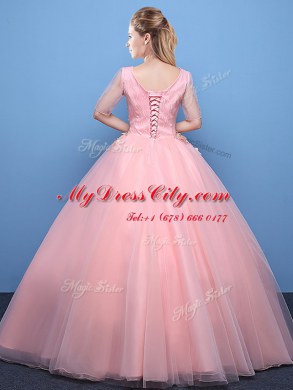Baby Pink V-neck Lace Up Appliques Quince Ball Gowns Half Sleeves
