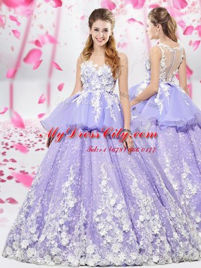Scoop Organza and Tulle Sleeveless Floor Length Ball Gown Prom Dress and Appliques