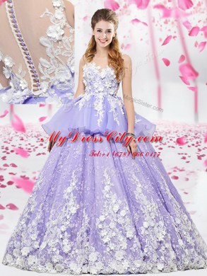 Scoop Organza and Tulle Sleeveless Floor Length Ball Gown Prom Dress and Appliques