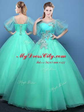 Scoop Half Sleeves Appliques Lace Up Sweet 16 Dress