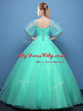 Scoop Half Sleeves Appliques Lace Up Sweet 16 Dress