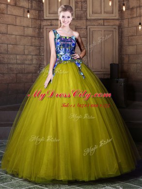 Delicate One Shoulder Olive Green Sleeveless Tulle Lace Up Sweet 16 Dresses for Military Ball and Sweet 16 and Quinceanera