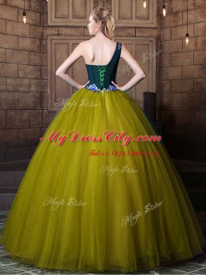 Delicate One Shoulder Olive Green Sleeveless Tulle Lace Up Sweet 16 Dresses for Military Ball and Sweet 16 and Quinceanera