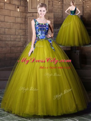 Delicate One Shoulder Olive Green Sleeveless Tulle Lace Up Sweet 16 Dresses for Military Ball and Sweet 16 and Quinceanera