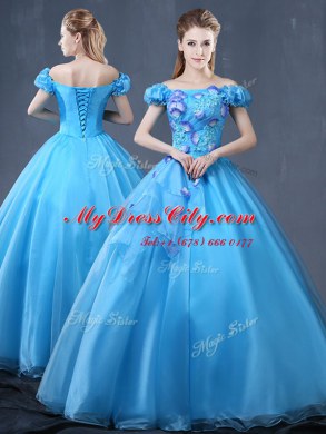 Off the Shoulder Baby Blue Lace Up Sweet 16 Quinceanera Dress Appliques Short Sleeves Floor Length