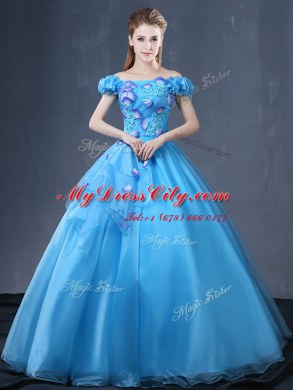 Off the Shoulder Baby Blue Lace Up Sweet 16 Quinceanera Dress Appliques Short Sleeves Floor Length