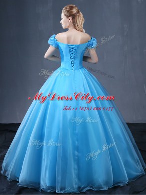 Off the Shoulder Baby Blue Lace Up Sweet 16 Quinceanera Dress Appliques Short Sleeves Floor Length