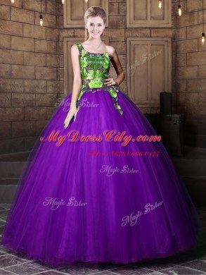 Customized One Shoulder Floor Length Ball Gowns Sleeveless Eggplant Purple 15th Birthday Dress Lace Up