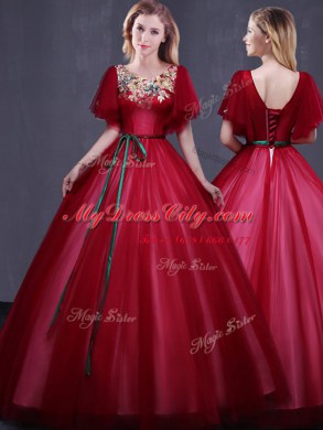 Scoop Floor Length Ball Gowns Short Sleeves Wine Red 15th Birthday Dress Lace Up