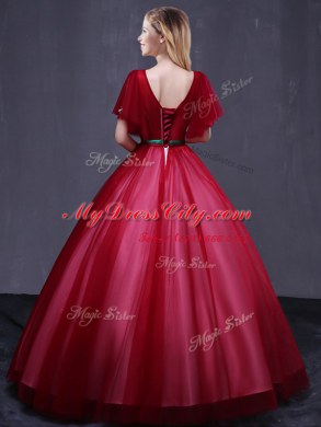 Scoop Floor Length Ball Gowns Short Sleeves Wine Red 15th Birthday Dress Lace Up