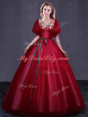 Scoop Floor Length Ball Gowns Short Sleeves Wine Red 15th Birthday Dress Lace Up