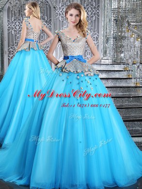 Baby Blue Lace Up Quinceanera Dress Appliques and Belt Sleeveless Brush Train