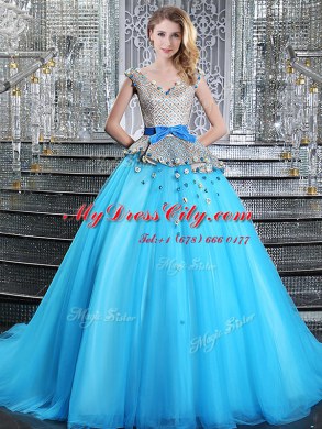Baby Blue Lace Up Quinceanera Dress Appliques and Belt Sleeveless Brush Train