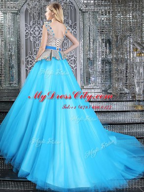 Baby Blue Lace Up Quinceanera Dress Appliques and Belt Sleeveless Brush Train