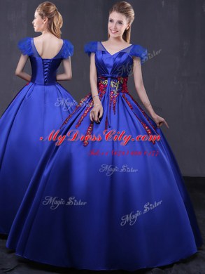 Pretty V-neck Cap Sleeves Lace Up Sweet 16 Quinceanera Dress Royal Blue Satin