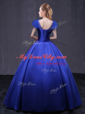 Pretty V-neck Cap Sleeves Lace Up Sweet 16 Quinceanera Dress Royal Blue Satin