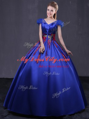 Pretty V-neck Cap Sleeves Lace Up Sweet 16 Quinceanera Dress Royal Blue Satin