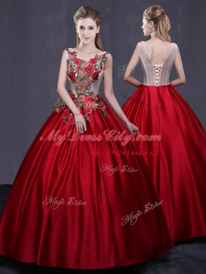 Suitable Wine Red Sweet 16 Dresses Military Ball and Sweet 16 and Quinceanera and For with Appliques Scoop Sleeveless Lace Up