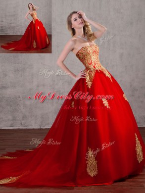 Noble With Train Lace Up Quinceanera Dresses Red for Military Ball and Sweet 16 and Quinceanera with Appliques Court Train
