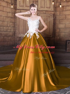 Sweet Scoop Sleeveless Floor Length Lace and Appliques Lace Up 15th Birthday Dress with Gold Court Train