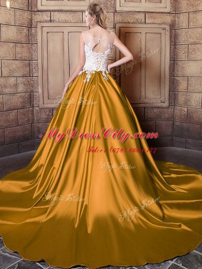 Sweet Scoop Sleeveless Floor Length Lace and Appliques Lace Up 15th Birthday Dress with Gold Court Train