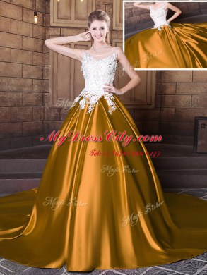 Sweet Scoop Sleeveless Floor Length Lace and Appliques Lace Up 15th Birthday Dress with Gold Court Train