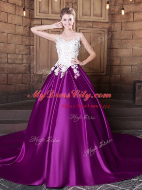 Scoop Sleeveless Quinceanera Dress With Train Court Train Lace and Appliques Eggplant Purple Elastic Woven Satin