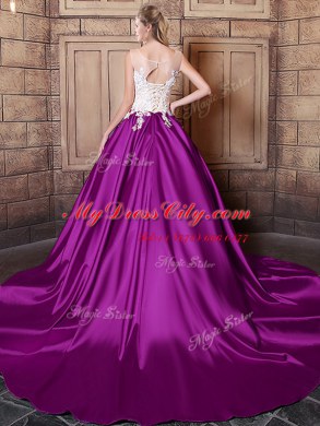 Scoop Sleeveless Quinceanera Dress With Train Court Train Lace and Appliques Eggplant Purple Elastic Woven Satin