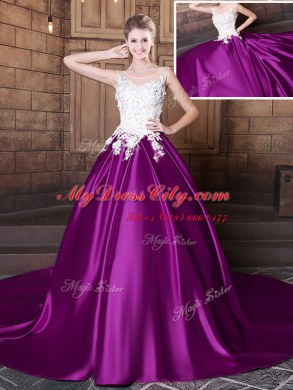 Scoop Sleeveless Quinceanera Dress With Train Court Train Lace and Appliques Eggplant Purple Elastic Woven Satin