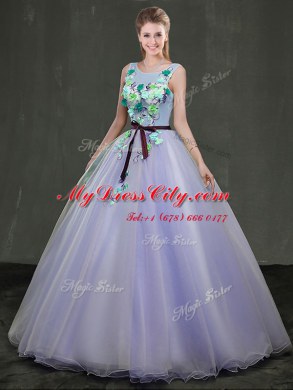 Scoop Floor Length Lace Up Quinceanera Dresses Lavender for Military Ball and Sweet 16 and Quinceanera with Appliques