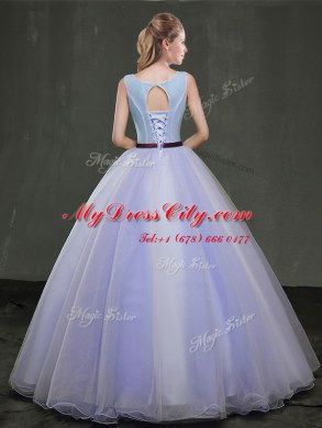 Scoop Floor Length Lace Up Quinceanera Dresses Lavender for Military Ball and Sweet 16 and Quinceanera with Appliques