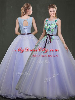 Scoop Floor Length Lace Up Quinceanera Dresses Lavender for Military Ball and Sweet 16 and Quinceanera with Appliques