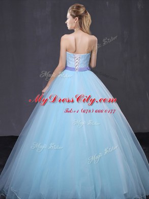 Spectacular Light Blue Ball Gowns Strapless Sleeveless Tulle Floor Length Lace Up Appliques and Belt Sweet 16 Dresses