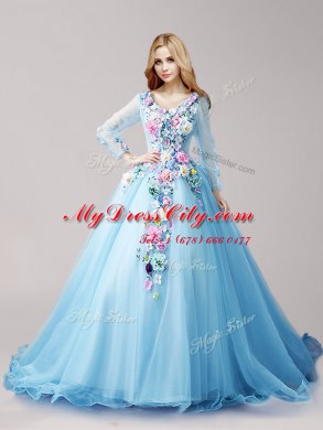 Super V-neck Long Sleeves Sweet 16 Dresses Brush Train Hand Made Flower Baby Blue Tulle