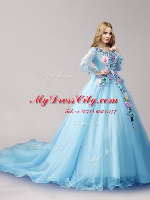 Super V-neck Long Sleeves Sweet 16 Dresses Brush Train Hand Made Flower Baby Blue Tulle