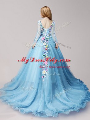 Super V-neck Long Sleeves Sweet 16 Dresses Brush Train Hand Made Flower Baby Blue Tulle