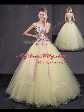 Superior Light Yellow Tulle Lace Up Sweet 16 Quinceanera Dress Sleeveless Floor Length Appliques and Belt